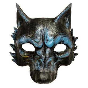 Imagem de VZQI Máscara de lobo adulto Halloween lobisomem máscara masculina fantasia de lobo animal baile de máscaras meio rosto dente dourado (azul)