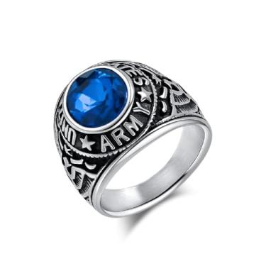 Imagem de SINLEO Anel masculino de aço inoxidável vintage pedra pedra emblema nacional anéis de sinete redondo joias legais do exército, Metal, Sem pedra preciosa