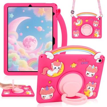 Imagem de XNMOA Capa de silicone para iPad A16 11ª geração 2025 10ª geração 2022 para crianças e meninas com alça de ombro rosa choque unicórnio capa iPad 11 polegadas 11 polegadas 11 polegadas capa com suporte