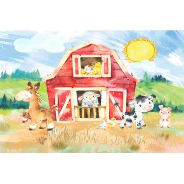 Imagem de Painel De Lona Fazendinha Aquarela Celeiro Vermelho e Animais - Fabrik