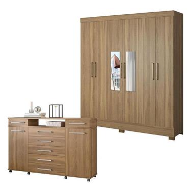 Imagem de Cômoda e Guarda Roupa Casal London Prático 6 Portas 3 Gavetas MDP Amêndola Touch Demóbile