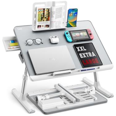 Imagem de Bandeja de cama para laptop, mesa de cama ajustável SAIJI para laptop, suporte dobrável para laptop com gaveta de armazenamento para comer, trabalhar, escrever, jogos, desenhar (cinza cáqui, GG)