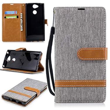 Imagem de Capa para celular com textura jeans combinando de cor para Sony Xperia XA2, com suporte e compartimentos para cartões, carteira e cordão (preto) mangas (cor: cinza)