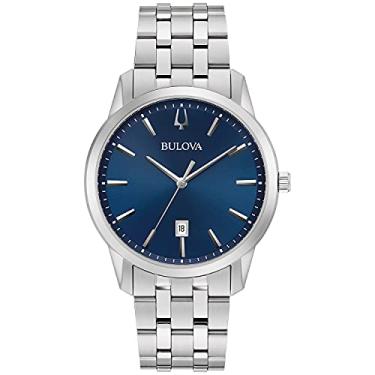 Imagem de Bulova Relógio masculino clássico Sutton com 3 ponteiros e calendário, quartzo, 40 mm, Mostrador inoxidável/azul, Pulseira clássica de aço inoxidável prateado de quartzo Sutton