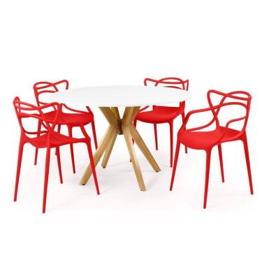 Imagem de Conjunto Mesa de Jantar Redonda Marci Branca 120cm com 4 Cadeiras Allegra - Vermelho