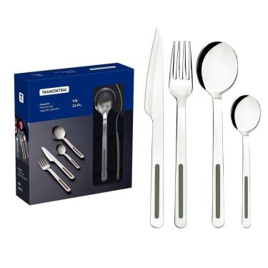 Imagem de Faqueiro Tramontina Vik Em Aço Inox Com Detalhes Em Polipropileno Oliva 24 Peças Tramontina