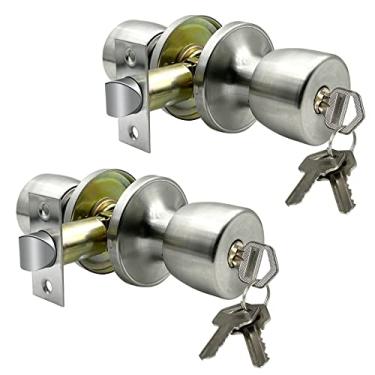 Imagem de JO.KO Maçaneta de porta com fechadura e chave, fechadura redonda de esfera interna/externa para quarto ou banheiro/maçaneta de porta de entrada (inoxidável 2 unidades)