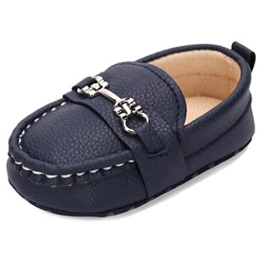 Imagem de Sapatos para bebês meninas meninos recém-nascidos Oxford mocassins adoráveis para berço infantil pré-andador PU tênis, 1209-azul escuro, 6-12 meses