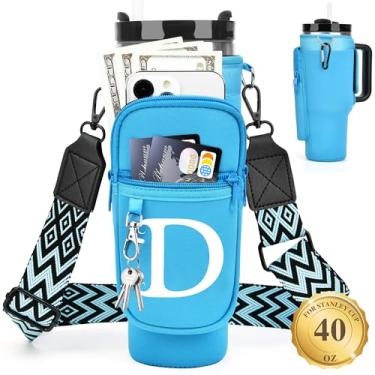 Imagem de LOKASS Suporte de garrafa de água personalizado com alça para acessórios Stanley Cup Tumbler de 1,134 g, bolsa de transporte inicial para garrafa de água com bolso para telefone, para mulheres, ideal