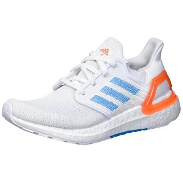Imagem de adidas Ultraboost 20 Tênis de corrida masculino, Branco/azul afiado/laranja verdadeiro, 4