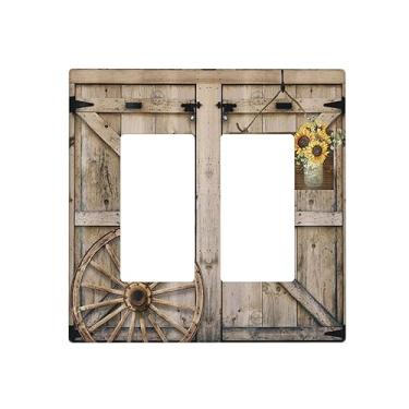 Imagem de Porta de celeiro rústica casa de fazenda girassol de madeira capa de interruptor de luz 2 gangues basculante placa de parede decorativa dupla decoração GFCI placa de interruptor elétrico para banheiro