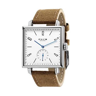 Imagem de FEICE Bauhaus Relógio masculino automático, minimalista, quadrado, pulseira de couro de aço inoxidável, safira espelhada, relógios mecânicos, unissex #FM301, Marrom, Casual