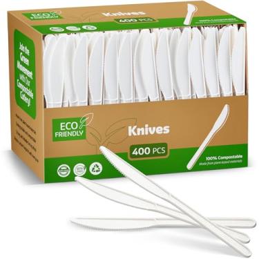 Imagem de ELEGANT DISPOSABLES Facas PLA 100% compostáveis, pacote a granel, 400 peças, utensílios de talheres de plástico descartáveis biodegradáveis