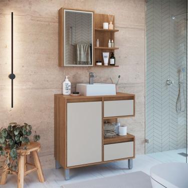 Imagem de Conjunto de Gabinete com Cuba Branca e Armário de Banheiro com Espelho Paula 2 PT 2 GV Mel e Arenas