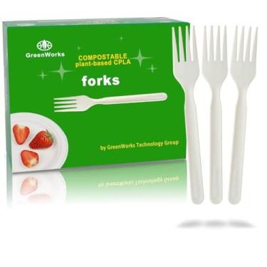 Imagem de GreenWorks Garfos compostáveis resistentes com 200 unidades, certificado BPI, grande descartável, talheres, talheres, garfo