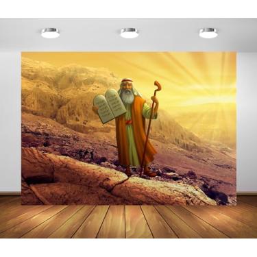 Imagem de BELECO 2,1 x 1,5 m Tecido Moisés Pano de fundo Moisés Segurando Dez Mandamentos Tablets no Monte Sinai Fundo Cena Bíblica Judaísmo, Igreja Católica Cristã Decoração Religiosa Foto Adereços
