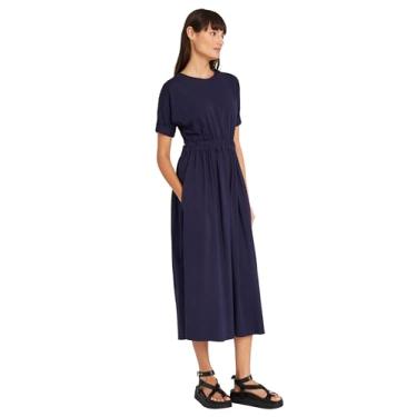 Imagem de Luxely Detalhe aberto nas costas | Bolsos midi de verão de manga curta | Vestidos casuais para mulheres, Azul noturno, 42