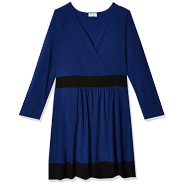 Imagem de Star Vixen Vestido feminino plus size manga longa Ity Knit sobrepeliz corpete sólido curto skater com cintura preta, Azul royal/preto, P