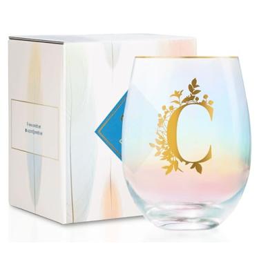 Imagem de Onebttl Presentes de vinho personalizados para mulheres, taça de vinho sem haste fofa com iniciais, presentes com monograma para amantes de vinho em aniversários de Natal, C