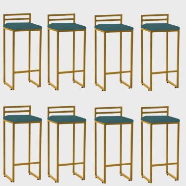 Imagem de Kit 08 Banqueta Alta Com Encosto Petra Balcão Bar Cozinha Bistrô Ferro Dourado Suede Azul Turquesa - Ahz Móveis