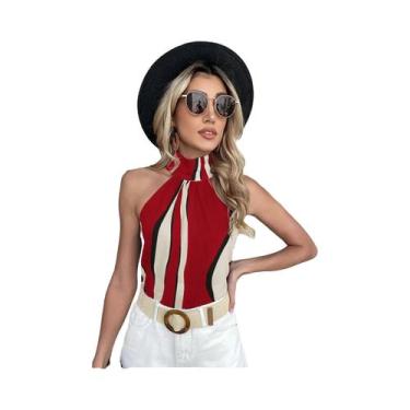 Imagem de Sexy elegante camisa feminina pendurado pescoço sem mangas botão tecid