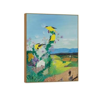 Imagem de Grandma Moses Pictures-Famous Canvas Prints-Moldura de madeira pintura de parede para sala de estar quarto decoração de casa (pássaros amarelos) 20x25cm-8x10in