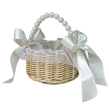 Imagem de Cesta de casamento para meninas de flores – Bandeja de vime de vime com alça dobrável de pérola e detalhes de fita, cesto de noiva elegante para decorações de arremesso de pétalas