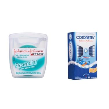 Imagem de Kit Johnson's Reach Fio Dental Essencial Menta, 100m + Cotonetes Hastes Flexíveis,300un