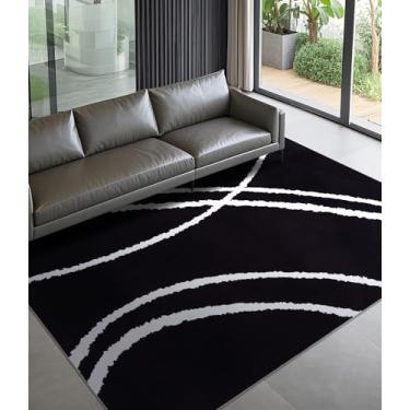 Imagem de YIHOUSE Tapete preto moderno 12 x 18 cm, tapetes abstratos para quarto, tapete listrado minimalista, tapete geométrico preto e branco, tapetes laváveis escuros 12 x 18 cm, tapetes antiderrapantes para