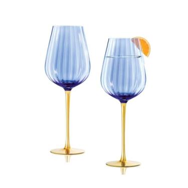 Imagem de Conjunto de 2 taças de vinho premium, taça de vinho azul com haste dourada, copo de cristal de 595 g, 26,4 cm de altura (azul)