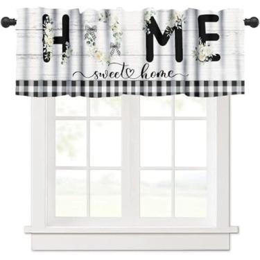 Imagem de BATPLY Cortinas de sanefa rústica para casa de fazenda, grinalda floral vintage, preto, branco, quadriculado, padrão blackout para decoração de casa, janela curta, tratamentos para quarto, sala de