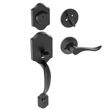 Imagem de HOSOM Maçaneta de porta frontal preta fosca com fecho, maçaneta externa de porta, conjunto de fechadura de porta, maçaneta de porta com fechadura de cilindro único