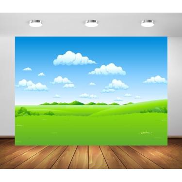 Imagem de Loccor 2,1 x 1,5 m tecido primavera pastagem pano de fundo desenho animado campo campo verde e céu azul nuvens fundo para crianças decorações de festa de aniversário chá de bebê estúdio foto adereços
