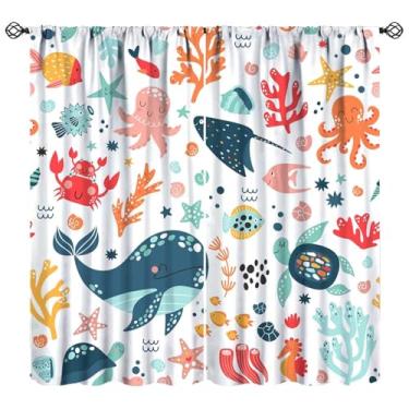 Imagem de Cortinas de baleia fofas para crianças, desenho animado, oceano, animal, polvo, coral, arte impressa, blecaute, cortinas de janela para meninos e meninas, conjunto de tecido, 2 painéis, 106 x 113 cm