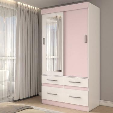 Imagem de Guarda-Roupa Solteiro Trento 2 Portas 4 Gavetas com Espelho Flex Branco/Rosa - Panorama Móveis