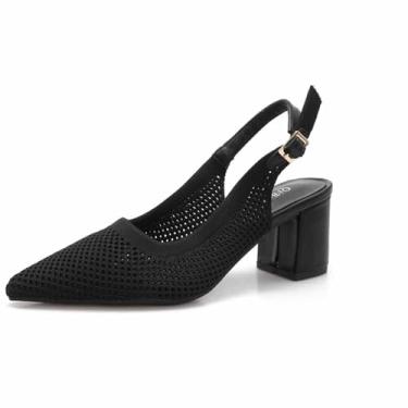 Imagem de qibusleen Sapato feminino de salto grosso médio de malha com bico fino fechado com tira no tornozelo vestido de malha elástica sapatos de salto casual respirável 6 cm, Preto, 35