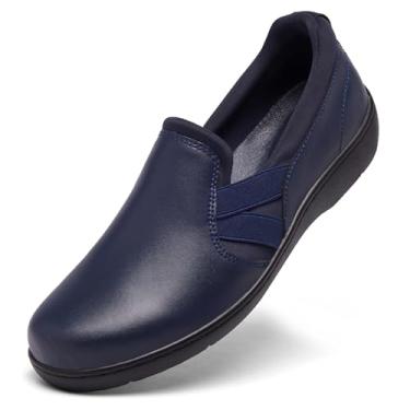 Imagem de UZB Mocassins ortopédicos femininos sem cadarço, confortáveis, casuais, com espuma viscoelástica, Azul marino, 8.5 Wide