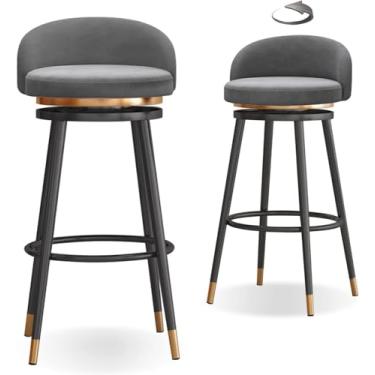 Imagem de Conjunto De 2 Bancos De Bar Cadeiras De Bar Giratórias De 360° Com Assento Estofado Macio, Pernas De Metal Cargas De Bar Até 200kg, Grey, Black