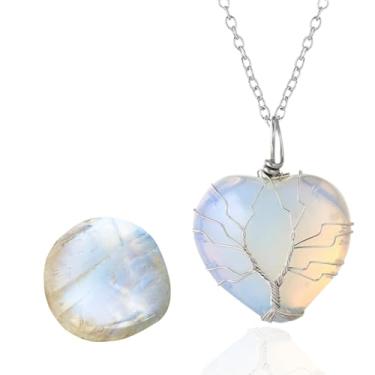 Imagem de Halukakah Pulseira com colar de pedra da lua - Lunarlove - Fio de árvore da vida banhado a ouro 18 k feito à mão, pingente de lua de cristal natural/coração/gota de água.., Necklace 20In, Latão, Pedra
