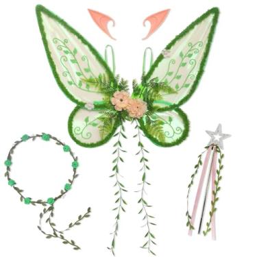 Imagem de ALIBBON Fantasia de asas de fada verde para mulheres adultas, asas de borboleta da floresta para lembrancinha de festa renascentista de Halloween, Asas + coroa + varinha + orelhas, 1