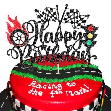 Imagem de MEMOVAN Race Car Happy Birthday Cake Topper Car Birthday Cake Topper Glitter Checkered Flag Cake Decoration Racing Car Cake Pick with Traffic Light Trophy Wheel for Boy Girl Man Racing Car Theme Party