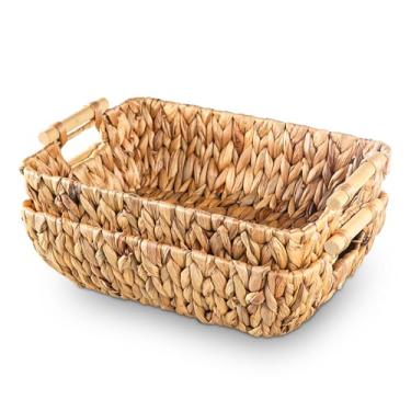Imagem de Mowtanco Cestas de armazenamento de tecido – Conjunto de 2 cestas de vime de jacinto de água tecidas à mão com alças de madeira para organização, cestas decorativas para banheiro, decoração de casa