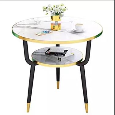 Imagem de Mesa de jantar redonda com prateleira de armazenamento, mesa de cozinha moderna para 2 a 3 pessoas, mesa lateral com mesa HDF e pernas de metal, mesa de centro para café/bar, cozinha, jantar