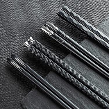 Imagem de 5 Pairs Food Grade PET+Glass Fiber Alloy Polymer Laser Engraving Japanese Metal Chopsticks, Squared Edge Non-Slip Chop Sticks Pack Reusable Gift with Case