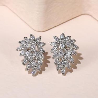 Imagem de Brincos de zircônia cúbica folheados a ouro branco incrustado chique folha de bordo design oco para mulheres, casamento, noiva, festas noturnas, uso diário, joia leve, brinco, presente para ela