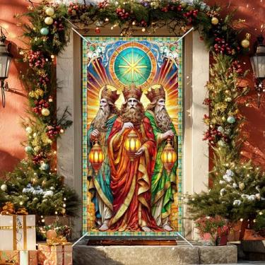 Imagem de Linda capa de porta para homens sábios de vidro manchado, decoração de Natal dupla face com três reis, lanternas e estrelas para varanda interna e externa, decoração de casa de férias de inverno
