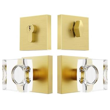 Imagem de coolnews Maçaneta de porta de vidro de cristal com fecho, maçaneta de porta frontal dourada escovada e conjunto de fecho, maçaneta externa de latão acetinado com trava de fechadura