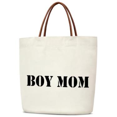 Imagem de mermermu Bolsa feminina de lona para meninos e mães, presente de aniversário de Natal para mamãe, sacolas de compras de supermercado reutilizáveis estéticas com alças de couro, bolsa de ombro dobrável