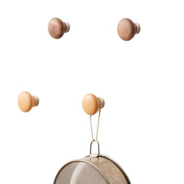 Imagem de 4 ganchos magnéticos retrô, ganchos de bola de madeira de ferro forjado, armazenamento criativo sem perfurações para geladeiras, portas de metal e armários (cor de madeira)