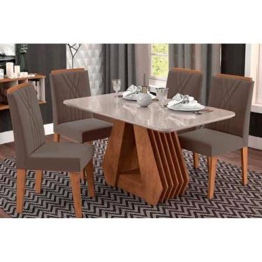 Imagem de Sala de Jantar Completa Ágata c/ Tampo Madeirado 130cm + 4 Cadeiras Ni